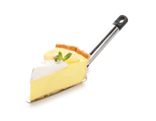 Piece of tasty baked lemon pie on white background