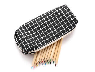Case with color pencils isolated on white background