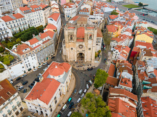Aerial view of The Cathedral of Saint Mary Major, often called Lisbon Cathedral or simply the Sé,...