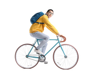 Male Asian student riding bicycle on white background