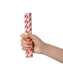Obraz premium Female hand with stylish straws for drinks on white background