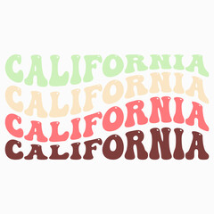 Wavy California, USA Lettering Design. Retro Waves Illustration Vector Design. Hippie Clip art Stacked Text Boho.
