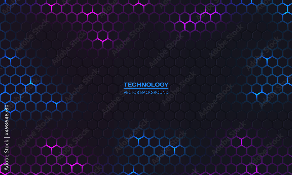 Poster Dark hexagon abstract technology background with blue and purple colored bright flashes under hexagon. Hexagonal gaming vector abstract tech background.