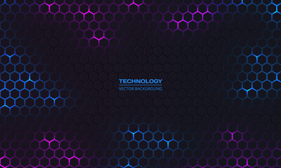 Dark hexagon abstract technology background with blue and purple colored bright flashes under hexagon. Hexagonal gaming vector abstract tech background. © Biod