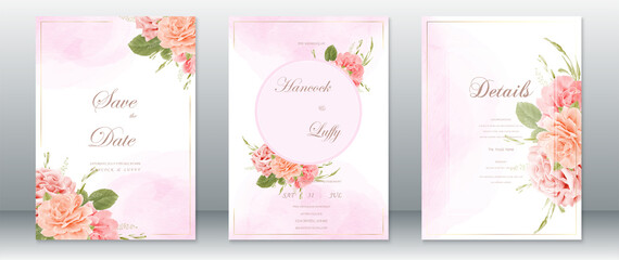 Fototapeta na wymiar Wedding invitation card template elegant of pink watercolor background with golden frame and rose bouquet