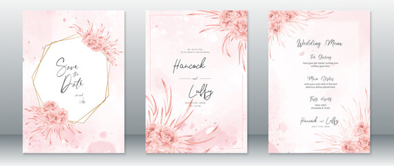 Wedding invitation card template elegant of pink watercolor background and rose bouquet 