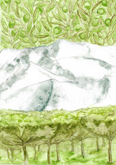 Ilustración de la bandera de Andalucía en forma de paisaje pintado a mano en acuarela. Olivos, Sierra Nevada y pinos de Huelva. Fondo natural del paisaje Andaluz, España.