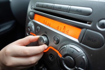 Hand to adjust the volume knob of the car's music player