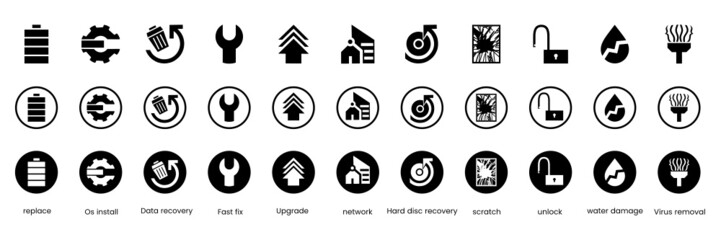 Computer repair fixing services (2) including virus spyware removal broken screen hard drive disk recovery home & office network water damage unlock upgrade install and more vector icon set collection