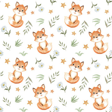 Fox baby animal and flowers seamless pattern. Watercolor effect illustration