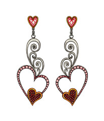 Jewelry design modern art mix vintage heart earrings. Hand drawing and painting on paper.