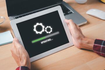 Update progress concept, Person waiting for installing update process with loading bar icon on...