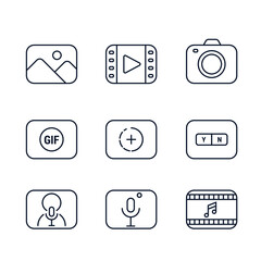 Social media content types, including photos, videos, gif, stories and podcasts. Vector icons of the social media contents. Line iconography and vector illustration.