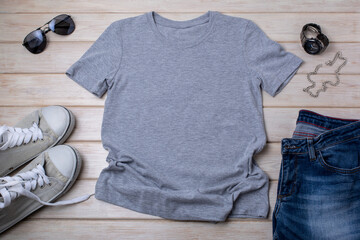 Mens T-shirt mockup with black watch and sunglasses