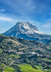 mountain landscape with sky and snow and green land