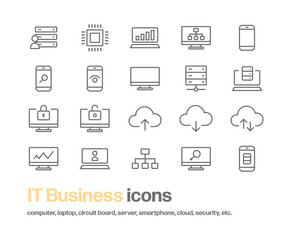 ITやビジネスに関するアイコンのセット。サーバー、基板、PC、スマートフォン、セキュリティ等のアイコンが含まれる。シンプルな線画で描いたアイコン。