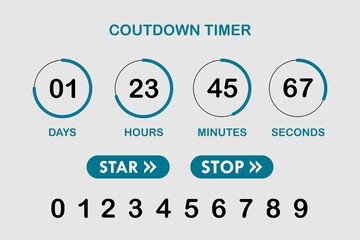 Countdown timer website element with buttons logo template illustration. Flat digital clock timer application template for coming soon or under construction - obrazy, fototapety, plakaty