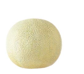 Whole cantaloupe melon with uneven texture on a white