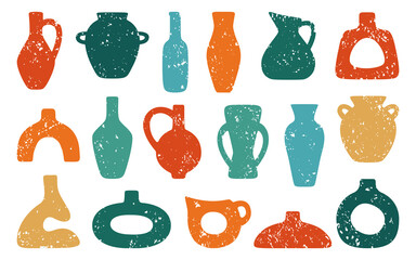 Ceramic pot vase jug or shape jar bottles grunge set. Cozy texture home decor handmade boho pottery form. Antique vintage various vases, hand drawn vessel. Trendy art concept vector illustration