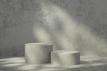 Premium podium display with leaf shadow, Cosmetics or beauty product promotion mockup. Natural stone step pedestal. 3D render illustration