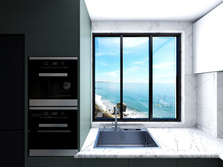 3D rendering,Spacious modern luxurious kitchen with bar design.