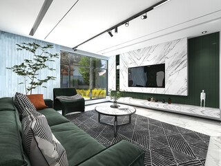 3D rendering, spacious modern residential living room design decorated with red brick walls, with sofa, tea table, TV and other decorations.