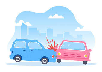 Obraz na płótnie Canvas Car Accident Background Illustration with Two Cars Colliding or Hitting Something on the Road Causing Damage in Cartoon Flat Style