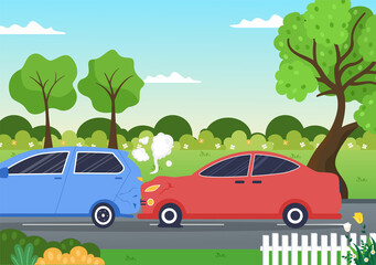 Car Accident Background Illustration with Two Cars Colliding or Hitting Something on the Road Causing Damage in Cartoon Flat Style