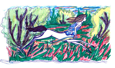 centaur girl among flowering spring meadows, color graphic drawing - obrazy, fototapety, plakaty