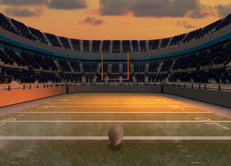 3d illustration, football ball, grass, stadium and sky with CLOUDS
