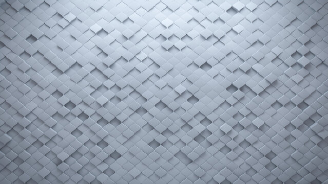 Polished, Arabesque Mosaic Tiles arranged in the shape of a wall. 3D, Semigloss, Bricks stacked to create a White block background. 3D Render