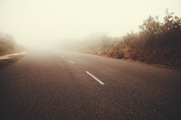 Into the mist. Low-angle view of a road fading into fog.