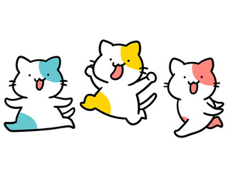 三匹ではしゃぐかわいいねこのキャラクターの手書き風イラストセット