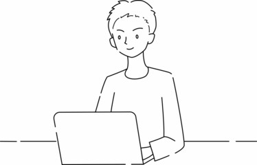 ノートパソコンを操作する男性（線画）