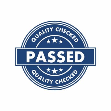 QUALITY CHECKED Passed Signed Stamping Text . Blue Ink on Clean White Paper Surface Background