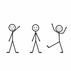 stick man happy walking, standing in different poses, pictogram of a person, sports, healthy lifestyle, silhouette isolated on a white background