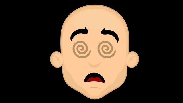 Animation loop of the face of a bald man cartoon hiptotized with spiral shaped eyes spinning