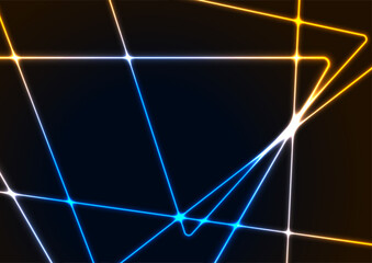 Blue orange neon lines and triangles abstract technology background. Futuristic glowing vector design