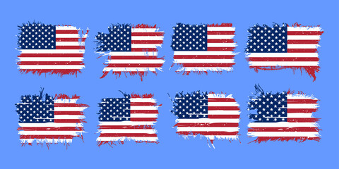 American Flag Distressed Patches Set, USA Patriotic 4th of July Decorative Flags, Vector illustration
