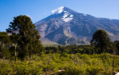 Fototapeta premium View of Lanin Volcano in National Park of Argentina near border with Chile. Patagonia, Argentina, Chile, Andes