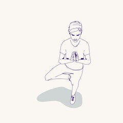 A girl standing on one leg is engaged in yoga. Happy relaxed female character performing meditation exercise. Sport fashion girl outline in urban casual style.
