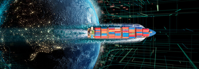 Communication technology for internet business Cyber. Global planet with Aerial top view of cargo ship with contrail in the ocean sea ship carrying container and running for export from