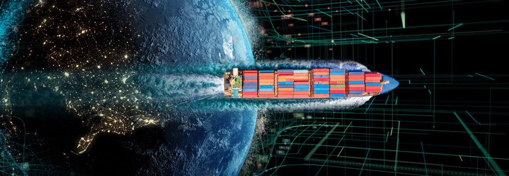 Communication technology for internet business Cyber. Global planet with Aerial top view of cargo ship with contrail ship carrying container and running for export from, webinar banner