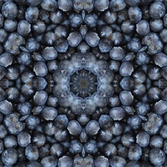 abstract background of berry pattern of a kaleidoscope. blue purple round fractal mandala. square kaleidoscopic arabesque. geometrical ornament bilbberry pattern with blueberries
