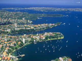 The Sydney suburbs of  Cremorne and Mosman on Sydney Harbour looking east.