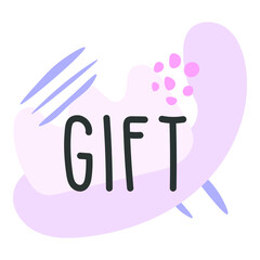 Modern flat icon template illustration with text Gift in pink, soft blue, purple and dark gray or black with spots, shapes, lines and dots decoration for  cards, banners, posters, stickers