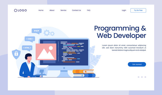 Web development. programming languages. css, html, it, ui. programmer cartoon character developing website, coding. flat illustration banner landing page template