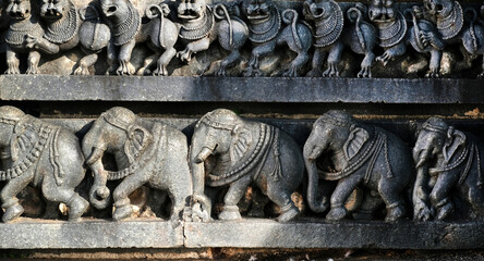 Belur, Karnataka, India - Dec 19 2021, Belur and Halebidu temple carvings and sculptures, Hoysala...