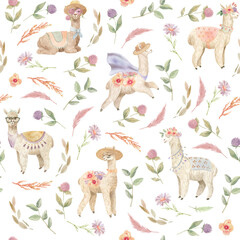 Seamless (surface) pattern with cute alpacas (llama) and floral elements.