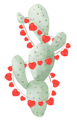 Cactus decorated with hearts - hand painted watercolor illustration.